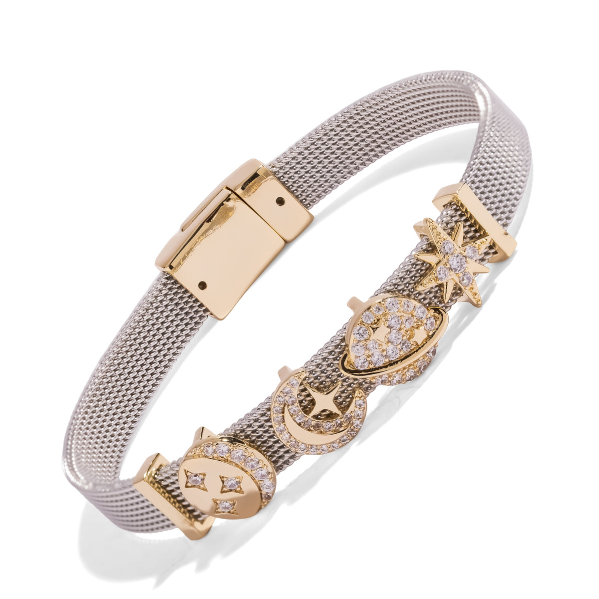 Side view of the Cosmic Guidance Moon &amp; Star Diamond Silver Charm Bracelet showing the magnetic clasp and north star charm
