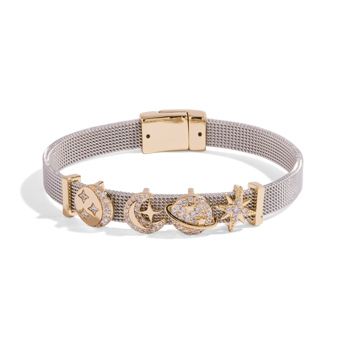 Cosmic Guidance Moon & Star Diamond Silver Charm Bracelet on white, gold plated moon, crescent, planet and north star charms on a silver mesh band