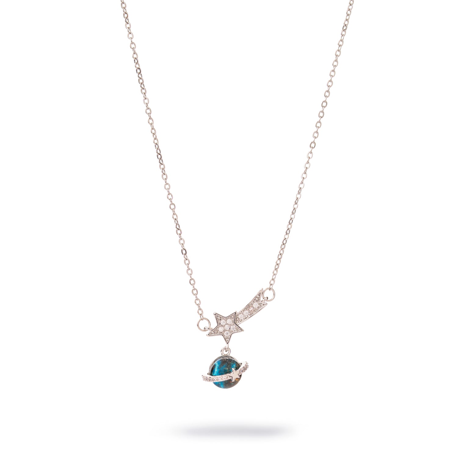 Midnight Sky silver necklace with round blue opal center framed by small sparkling CZ diamonds on a delicate silver chain