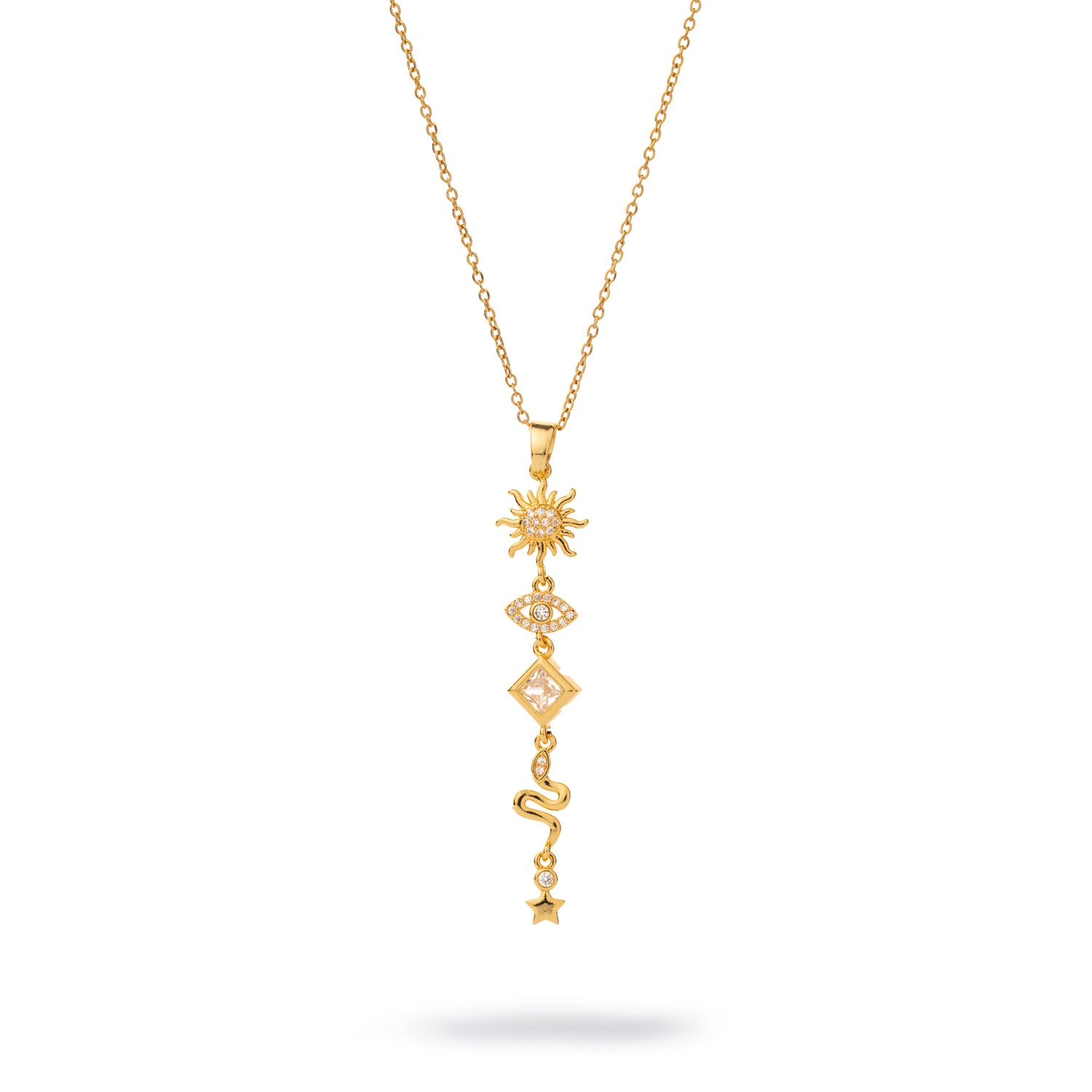 Cosmic Protection gold Y-drop necklace with sun, evil eye, diamond, serpent, and star charms accented with CZ stones on an 18k gold-plated chain.
​

