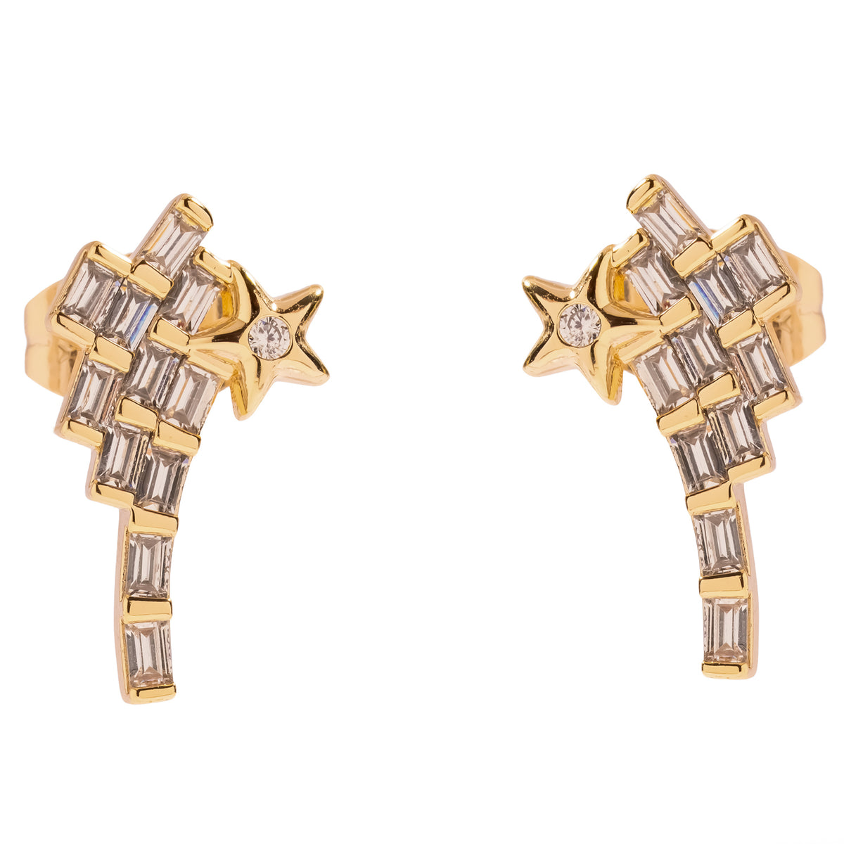 Pair of Cosmic Shooting Star baguette diamond gold stud earrings on a white background, a gold star with a round stone above a woven trail of baguette stones