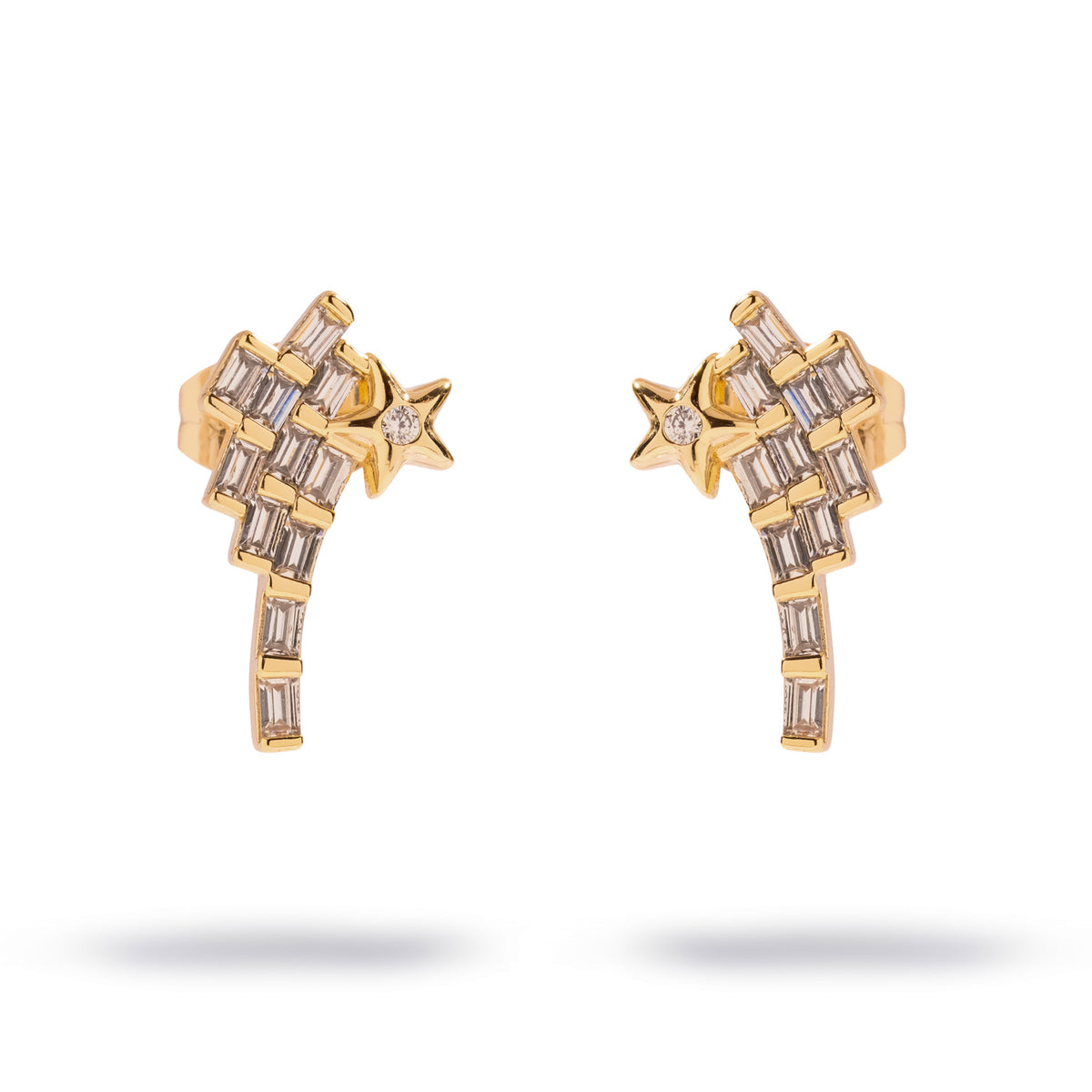 Front view of the pair of gold shooting star stud earrings, showing the full length of the baguette trail and the post backs