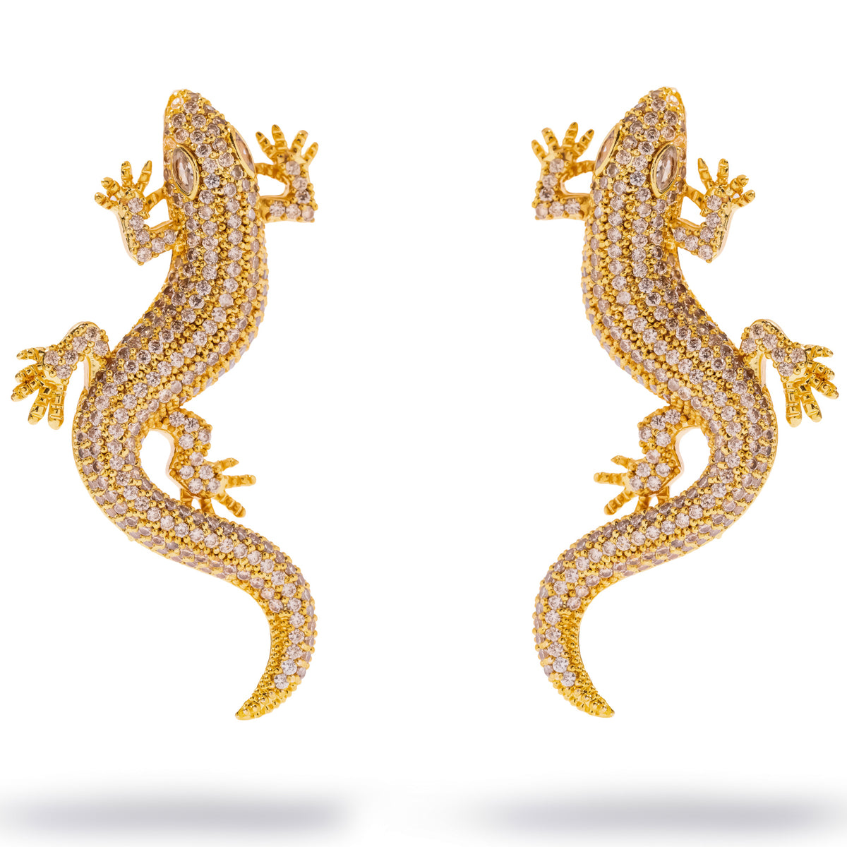 Crocodile Pave Zircon Gold Statement Earrings, pair shown front on with pave clear zircon set from head to tail