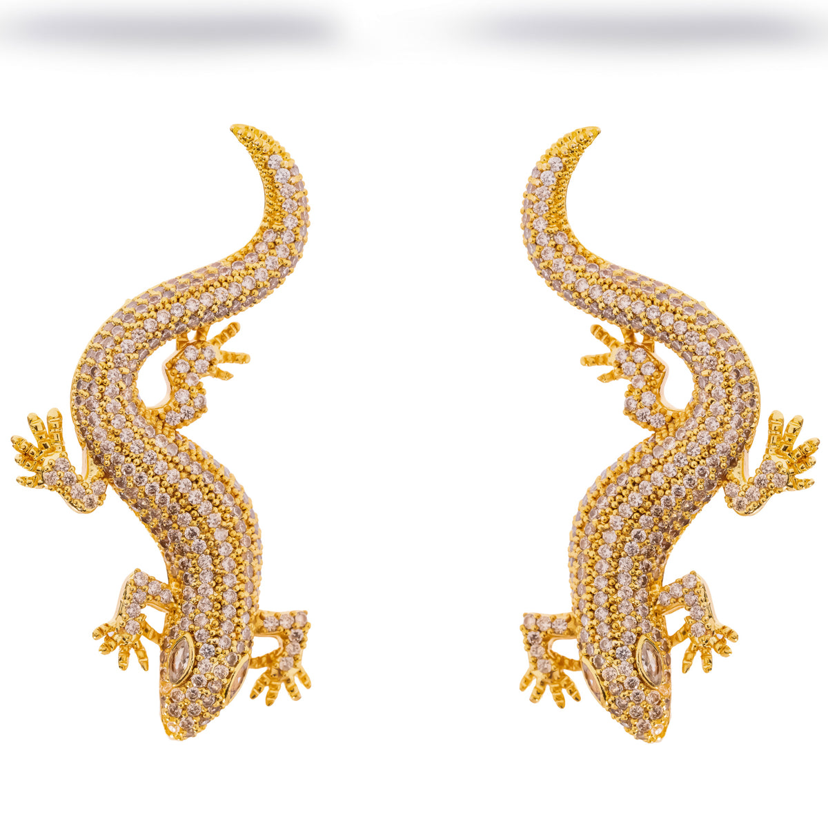 Crocodile Pave Zircon Gold Statement Earrings shown tail up, full length of the sculptural gold body
