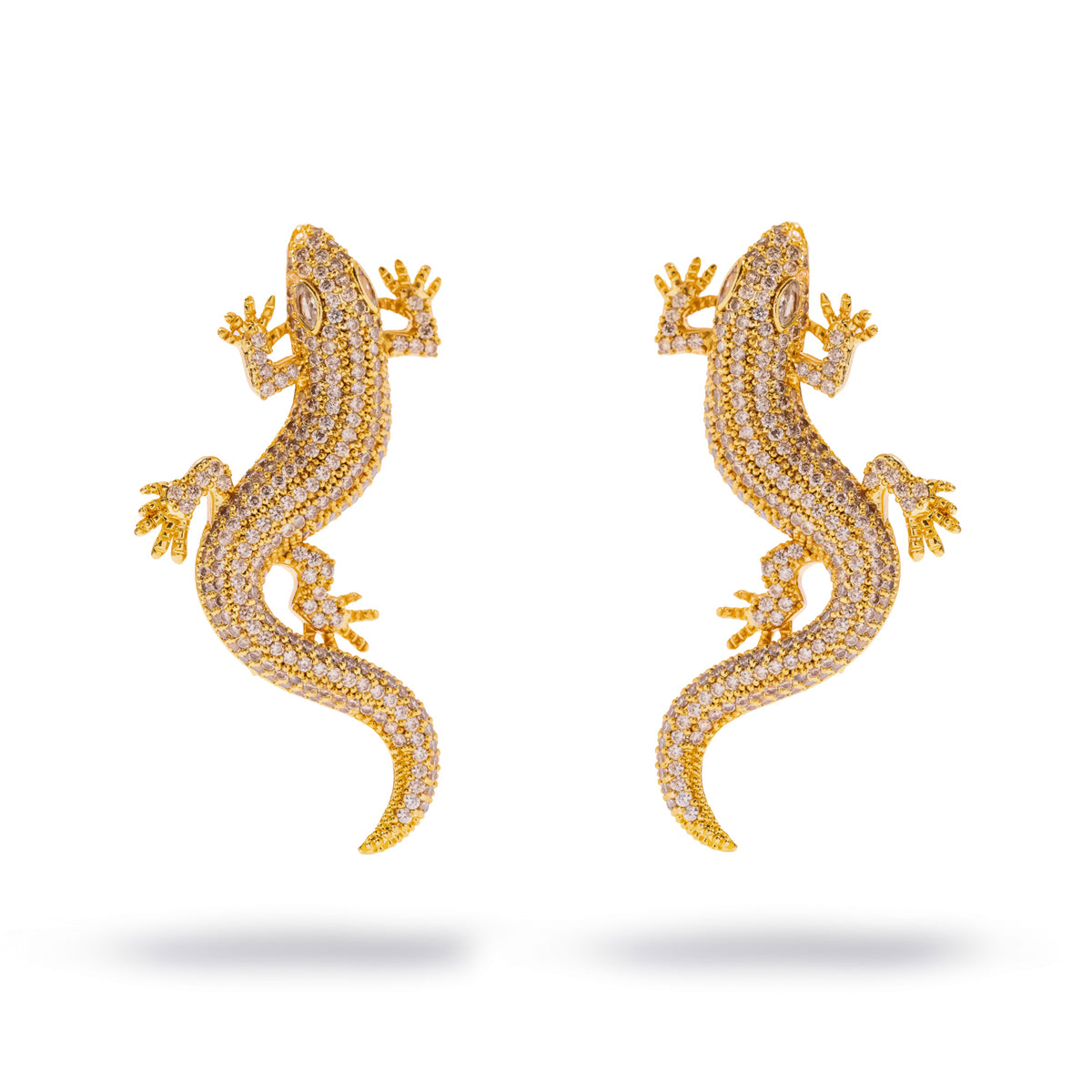 Close view of the Crocodile Pave Zircon Gold Statement Earrings showing the pave stones and detailed gold feet