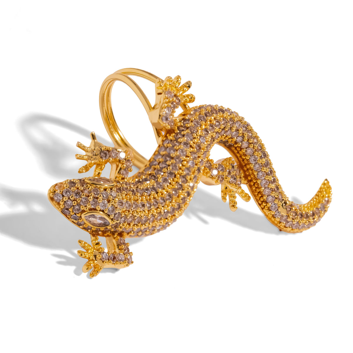 Crocodile Pave Zircon Gold Statement Ring, sculptural gold crocodile set with pave clear zircon on an open band
