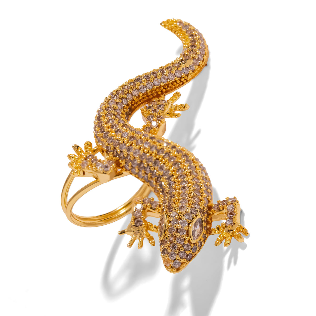 Crocodile Pave Zircon Gold Statement Ring shown upright, curving body and sweeping tail in pave zircon