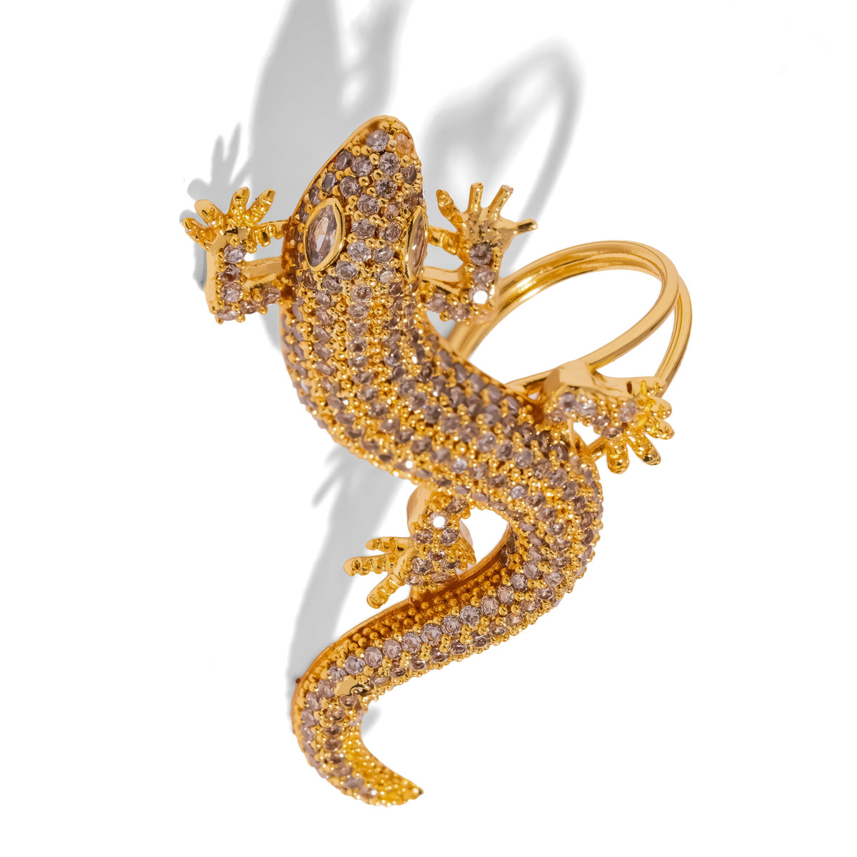 Close view of the Crocodile Pave Zircon Gold Statement Ring showing the sculpted feet, claws and textured pave body
