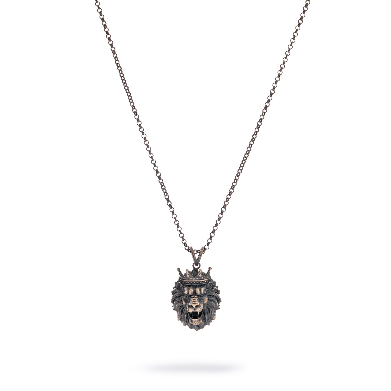 Sterling silver necklace with crowned lion head pendant, rhodium finish, black and silver details, regal, bold masculine style.