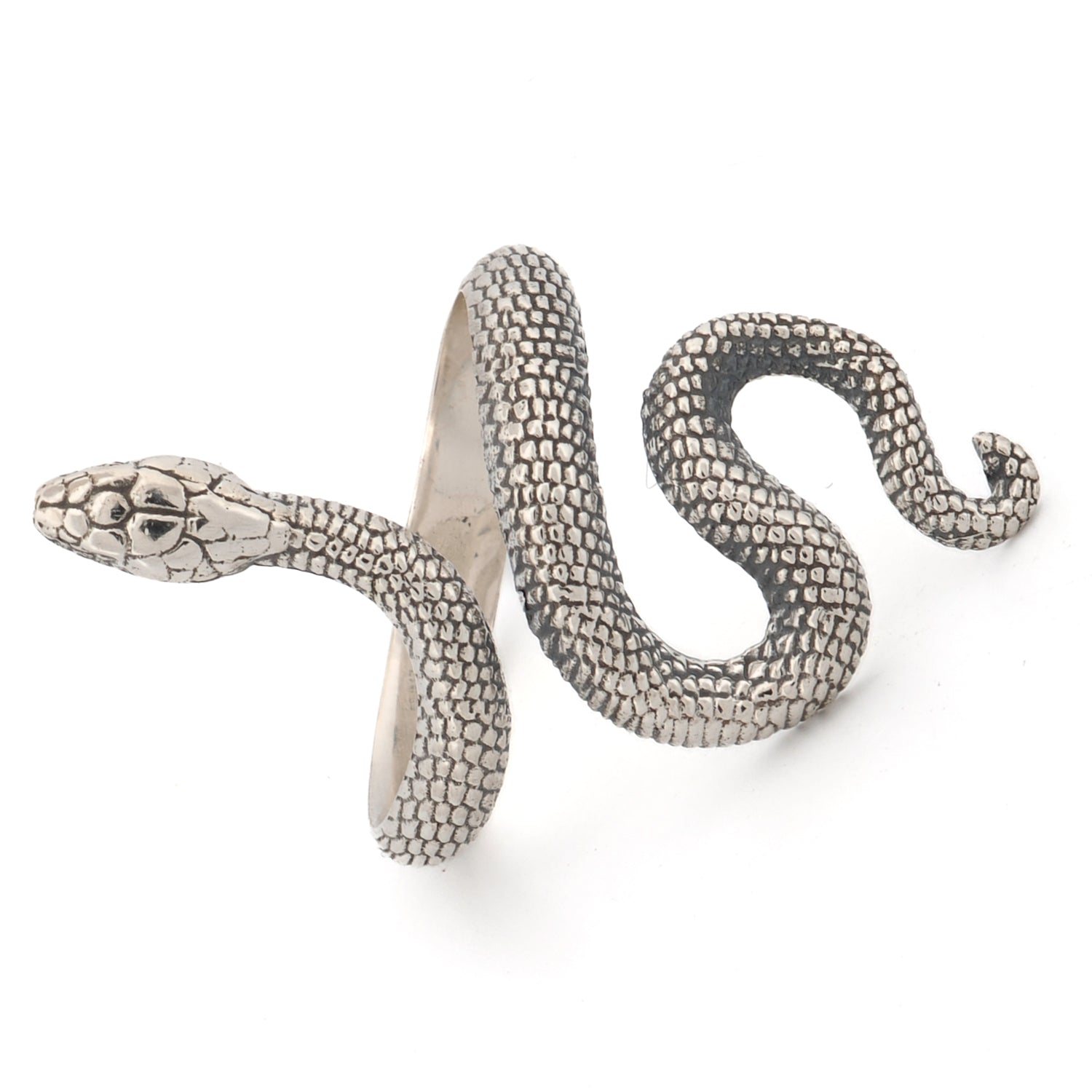 Adjustable sterling silver snake ring symbolizing transformation, personal growth, and the cycle of life.
