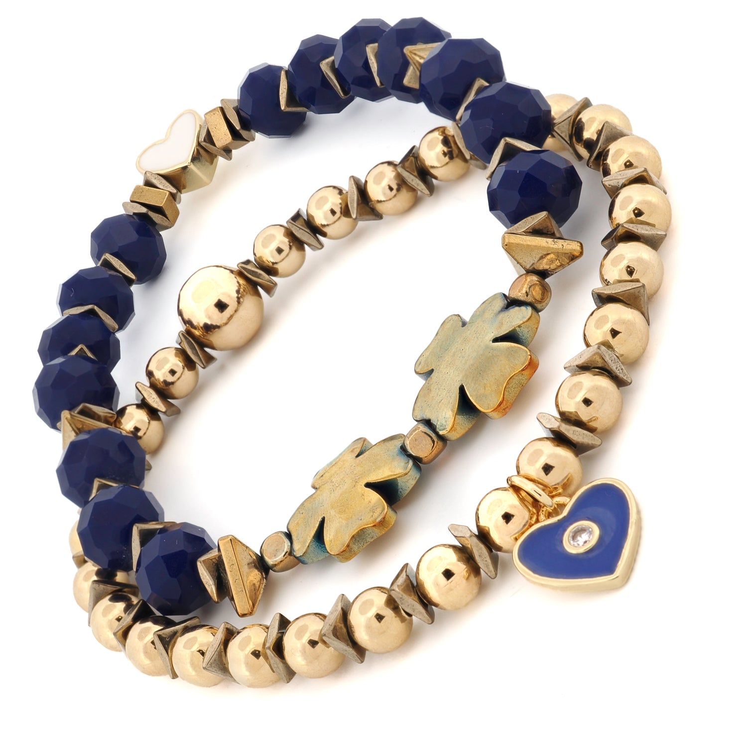 Blue crystal and gold hematite beaded bracelets with love and intuition symbolism

