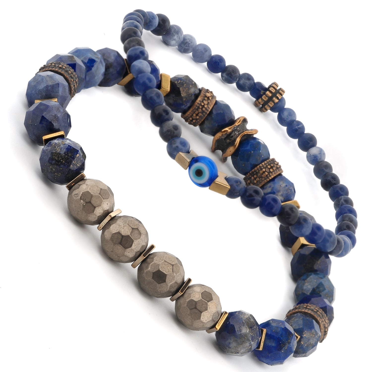 centered around a delicate evil eye charm framed by gold hematite stones
