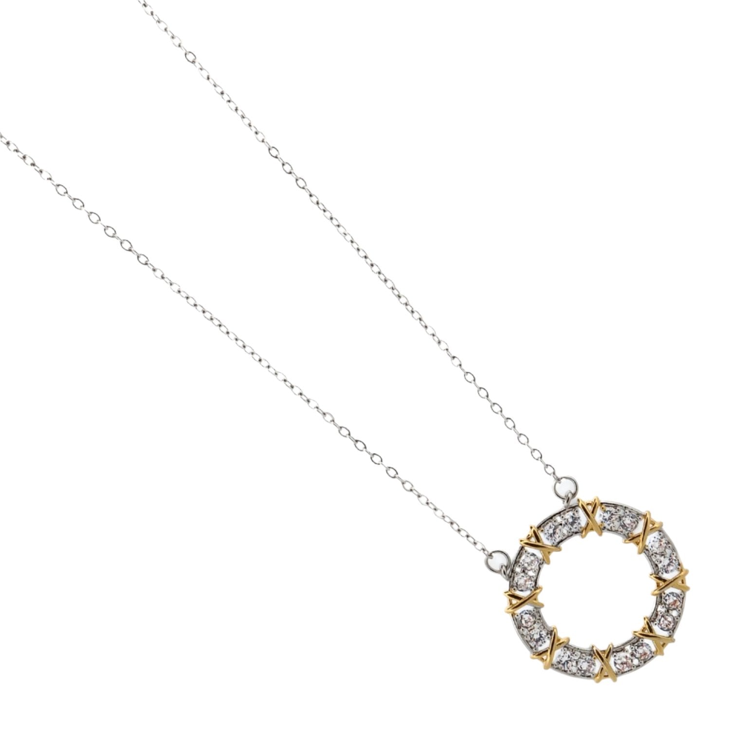 18-inch silver chain necklace with a dazzling round pendant featuring Cz diamonds and gold X details.
