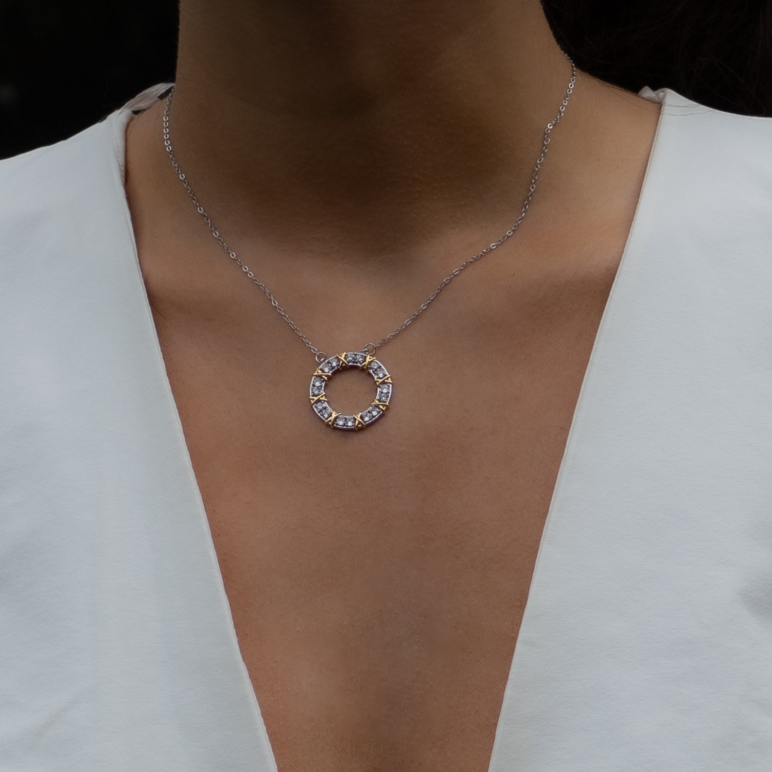 Sophisticated Diamond &amp; Gold Pendant Necklace with a silver chain, perfect for adding glamour to special occasions.
