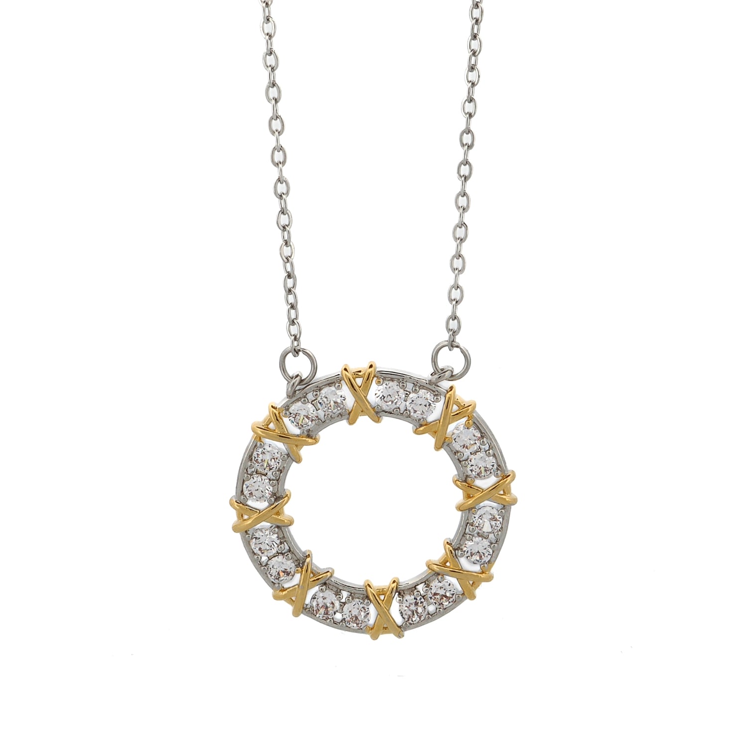 Diamond & Gold Design X Pendant Silver Chain Necklace with a round Cz diamond-encrusted pendant and gold accents.
