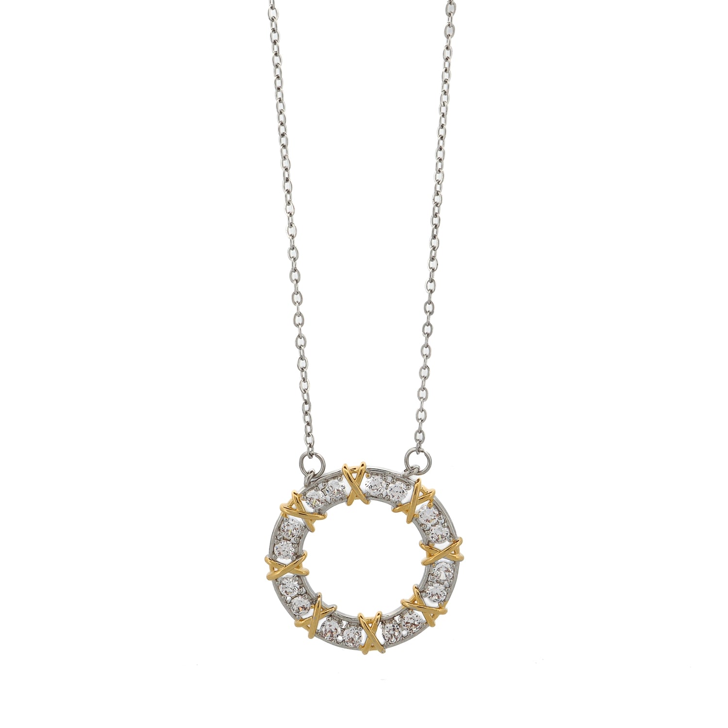 Timeless Diamond &amp; Gold Pendant Necklace with a silver chain and sparkling Cz diamond details.
