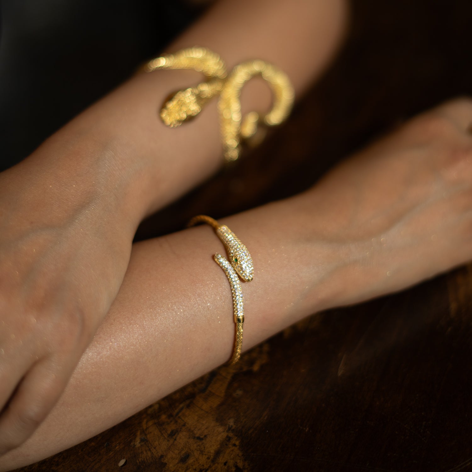 Emerald Serpent Guardian Gold Cuff Bracelet