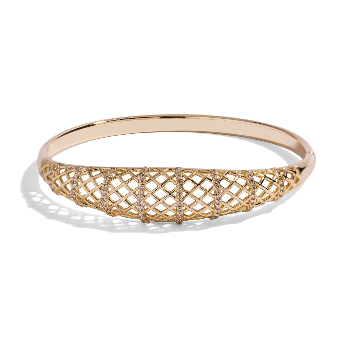 Diamond Lattice Gold Bangle Bracelet with a domed openwork lattice front and pavé white zircon bars