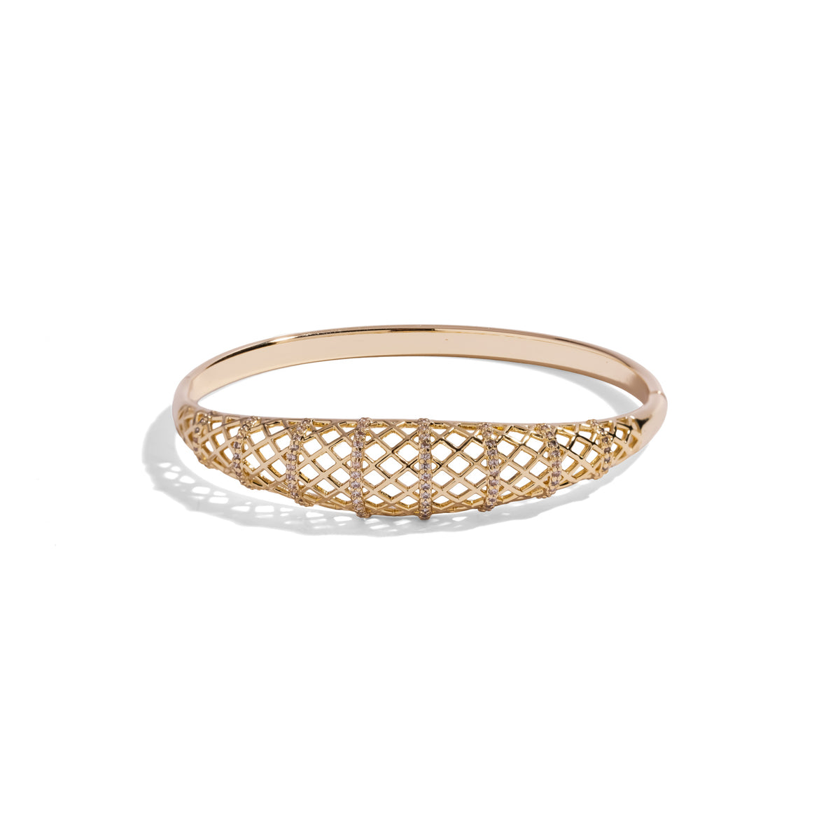 Front view of the 24K gold plated diamond lattice bangle bracelet