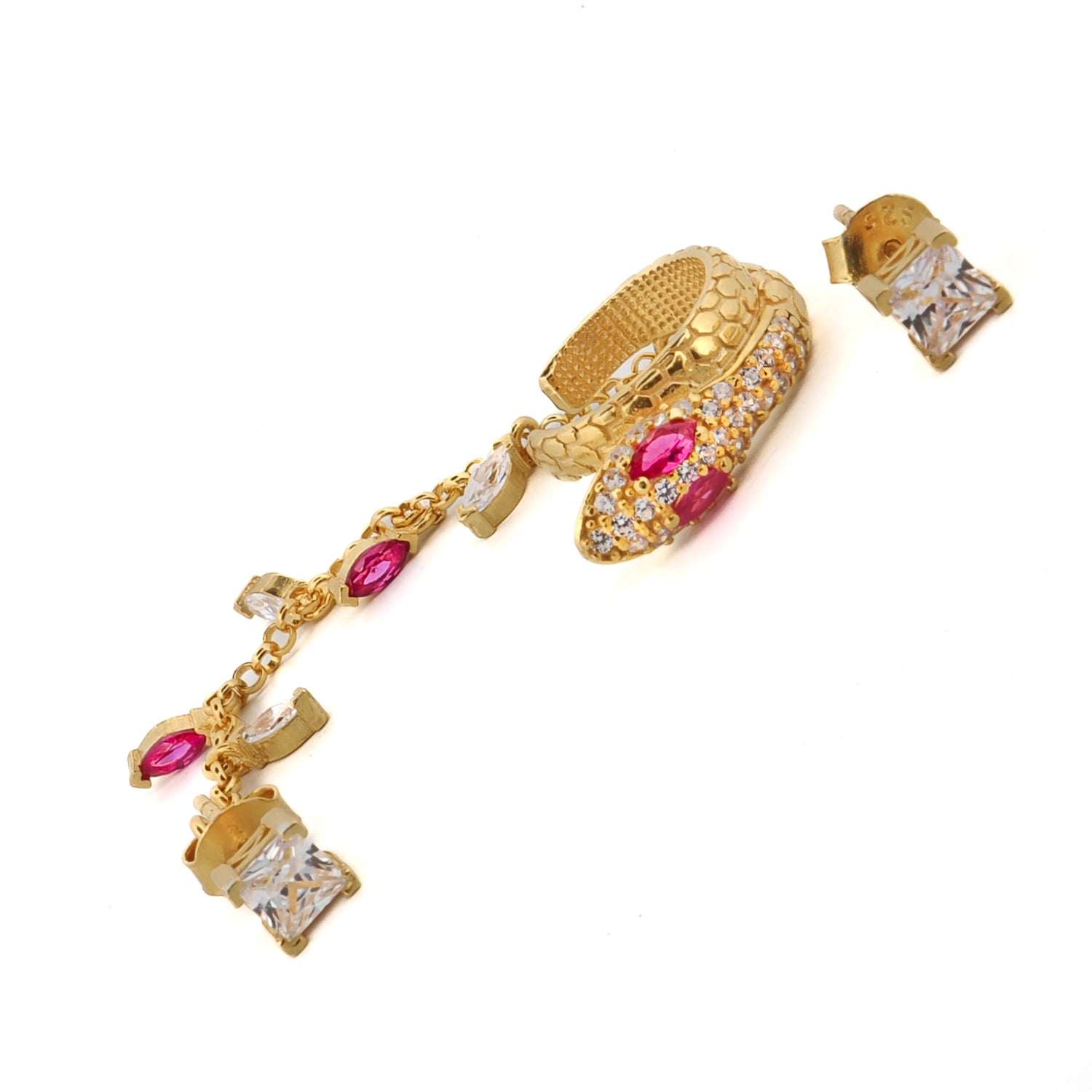 Diamond &amp; Ruby Cuff Snake &amp; Stud Unique Fashion Gold Earrings