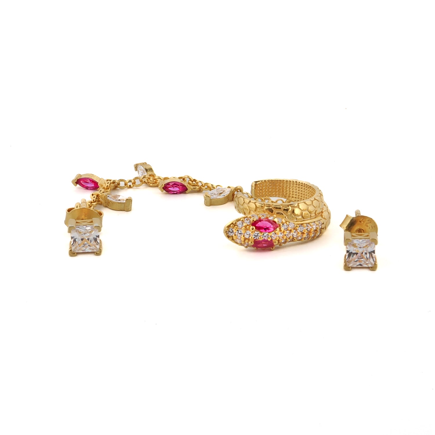 Diamond &amp; Ruby Cuff Snake &amp; Stud Unique Fashion Gold Earrings