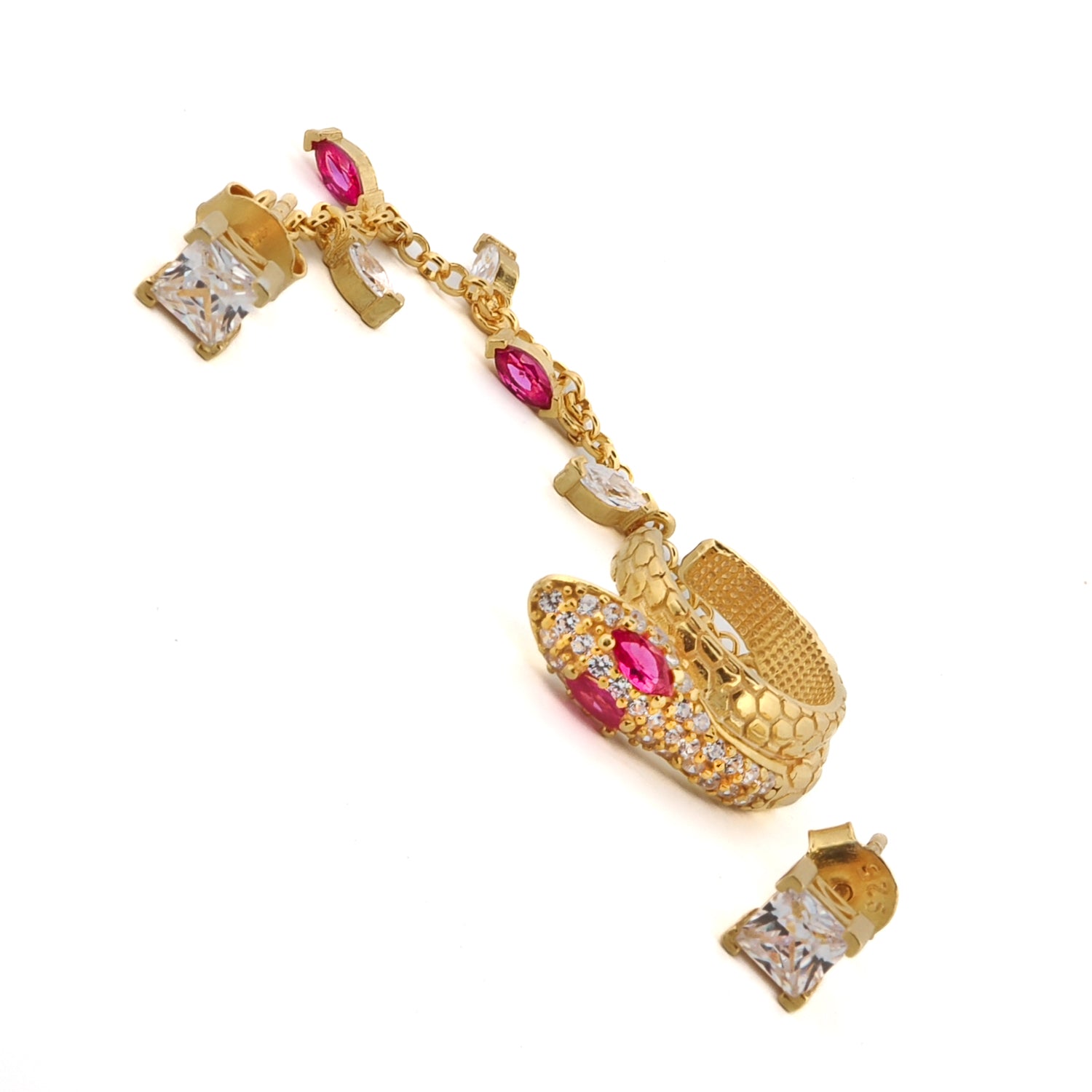 Diamond &amp; Ruby Cuff Snake &amp; Stud Unique Fashion Gold Earrings