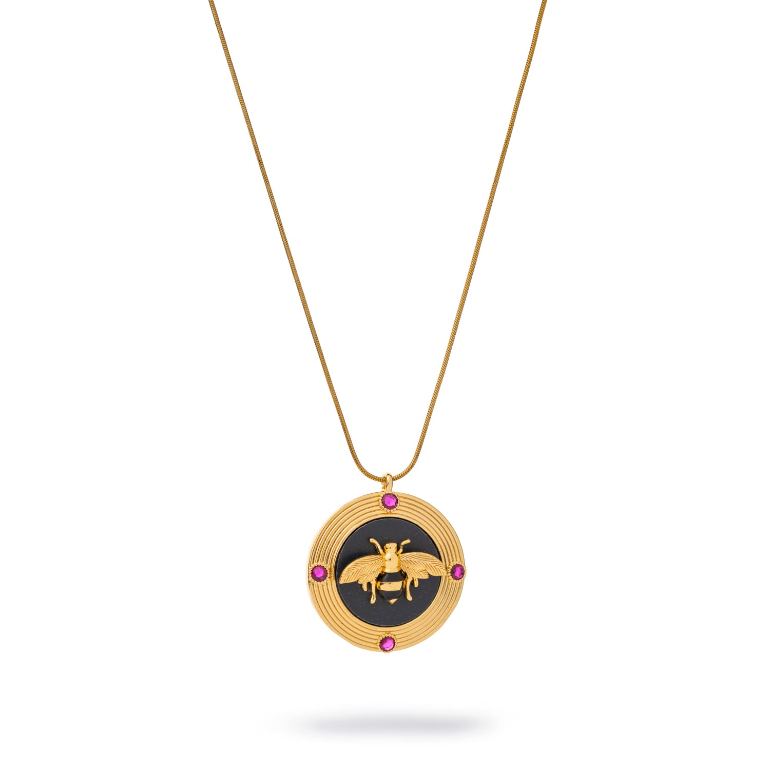 18k gold-plated medallion necklace with detailed bee motif and pink ruby stones on a delicate gold chain.