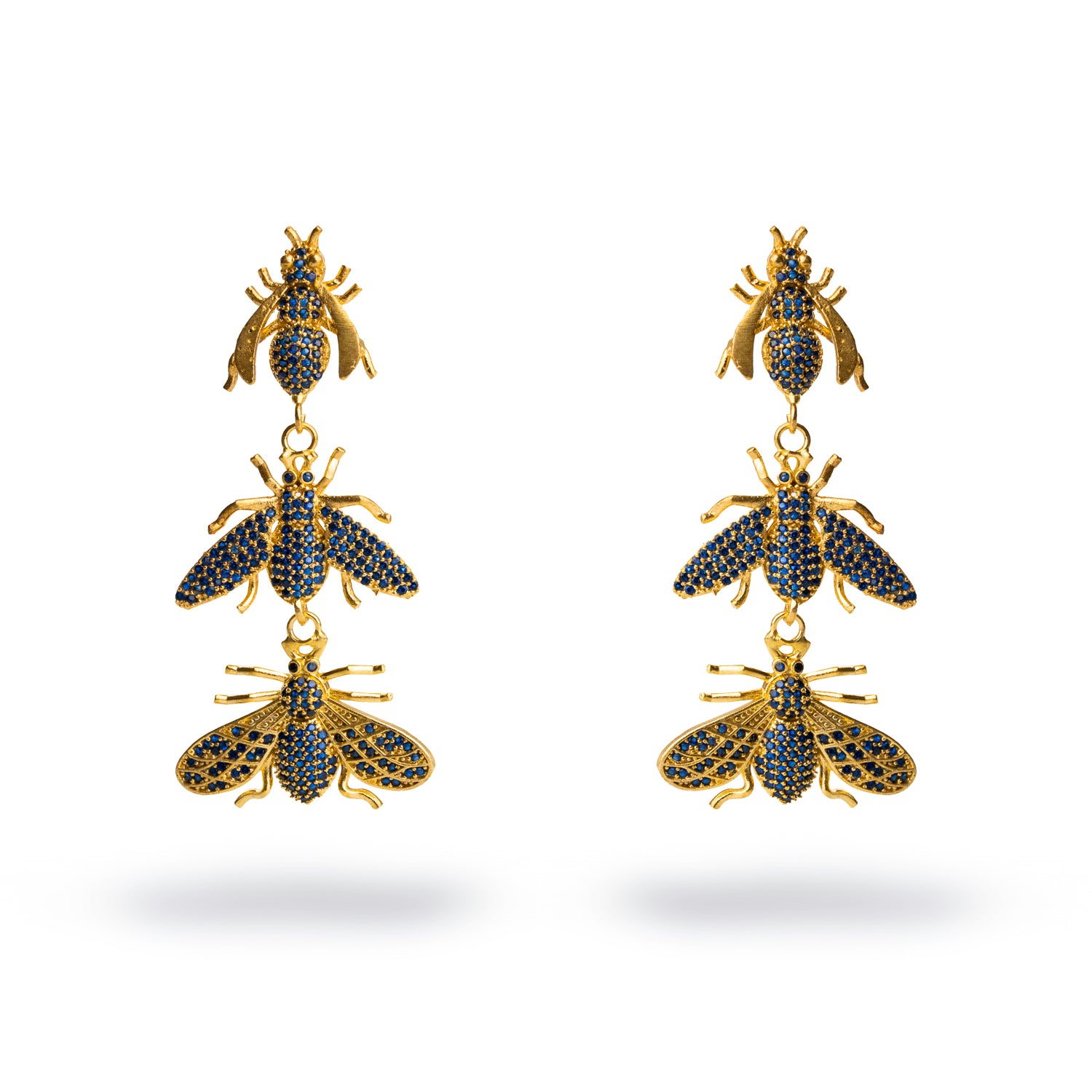 Elegant 24k gold-plated dangle earrings featuring three descending queen bee motifs, each adorned with dazzling sapphire stones.
