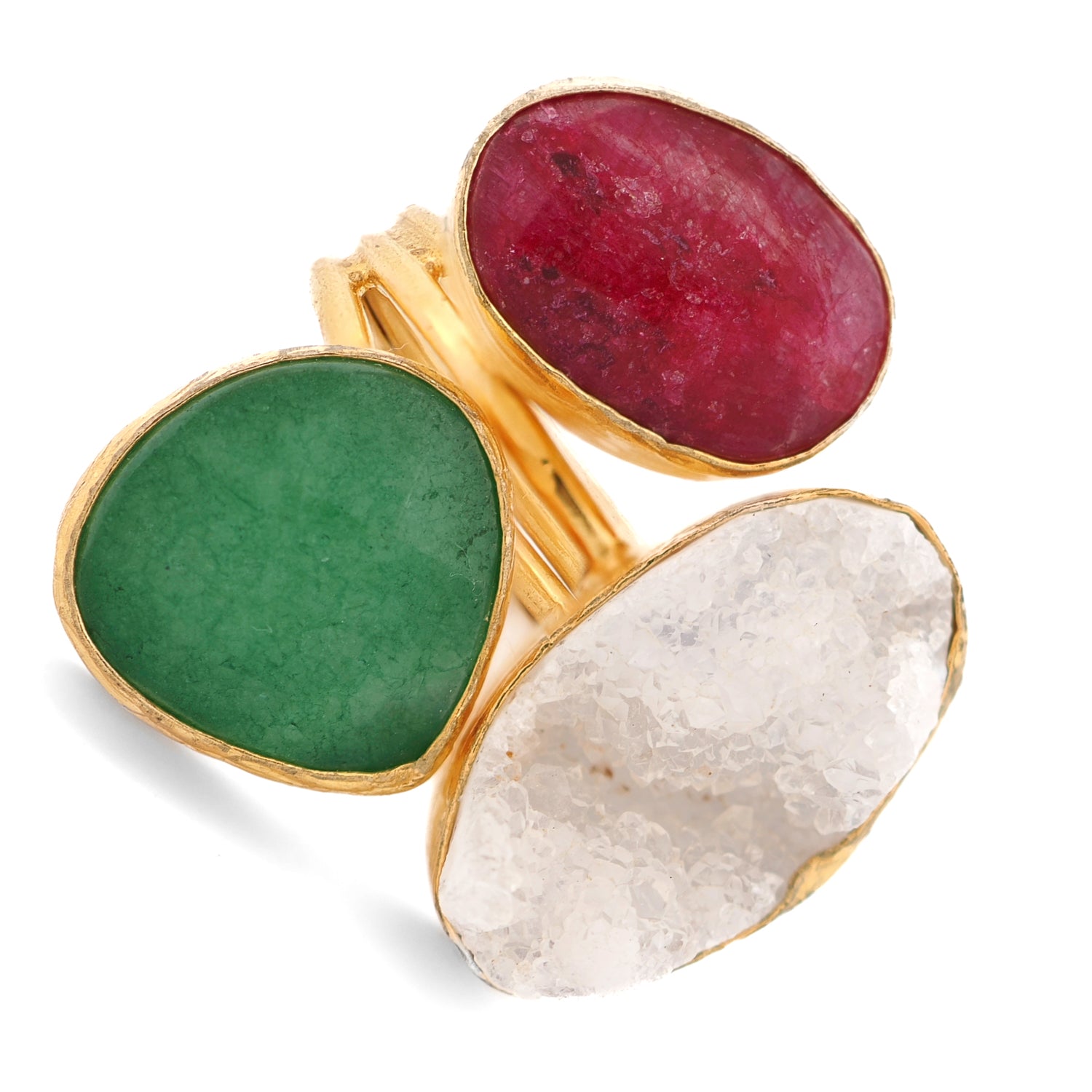 Close-up of 24K gold-plated bronze ring with three vibrant gemstones for spiritual energy

