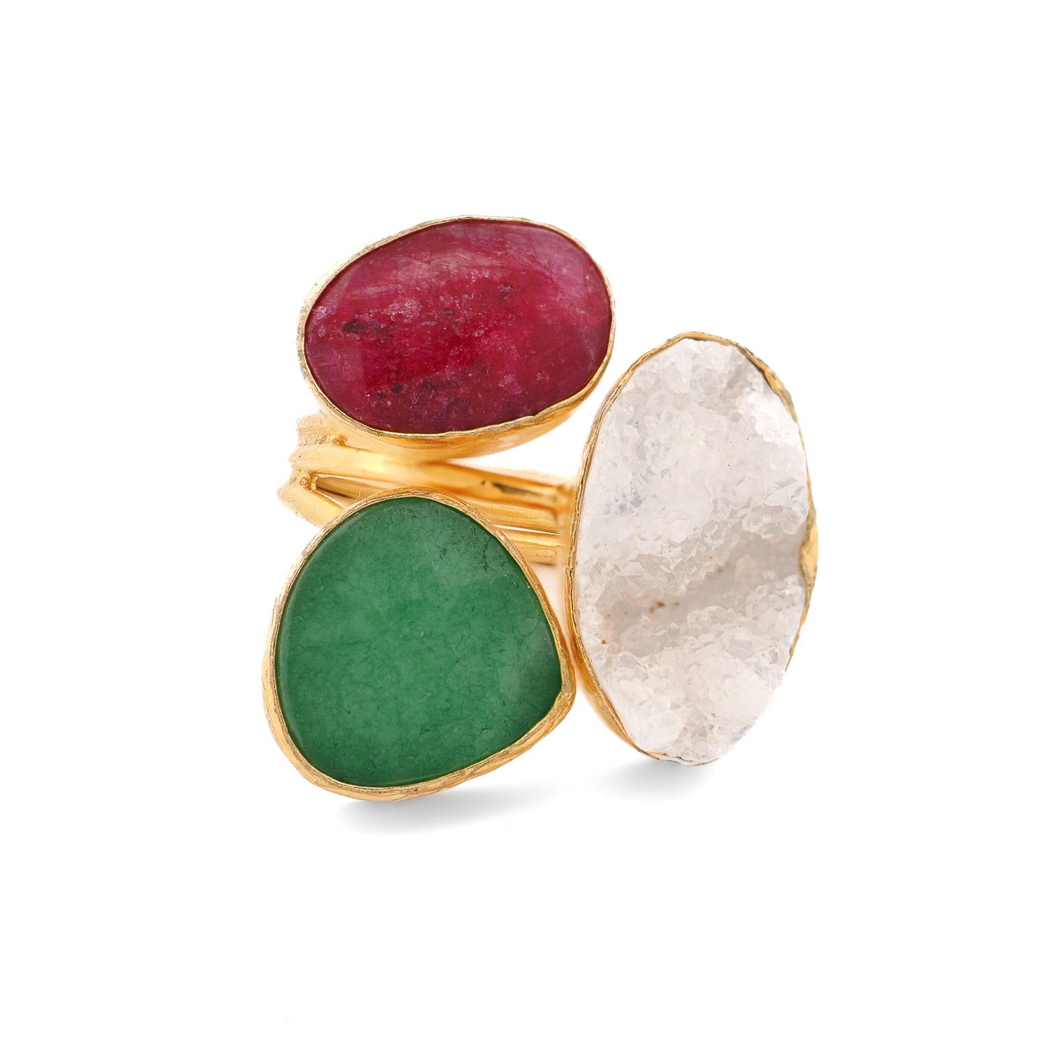 Divine Earth triple gemstone adjustable ring with quartz, emerald, and ruby on white background

