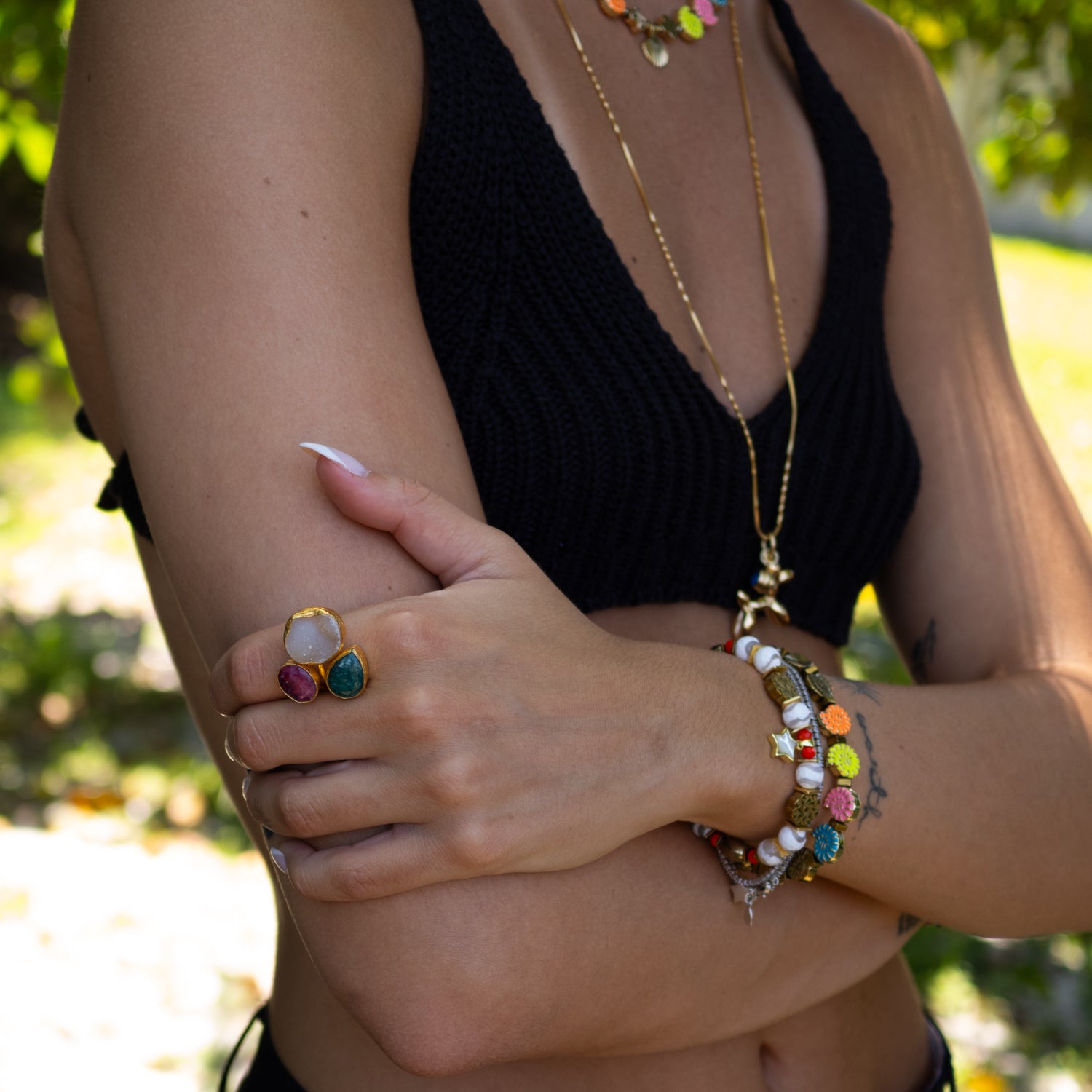 Adjustable statement ring for daily wear, blending earthy colors and spiritual meaning

