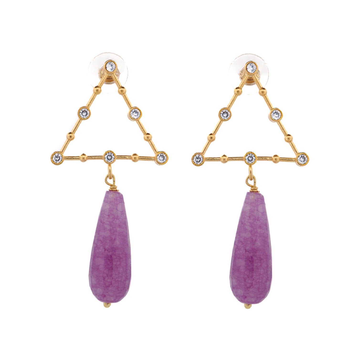 Divine Energy amethyst and diamond drop earrings with triangle design on white background

