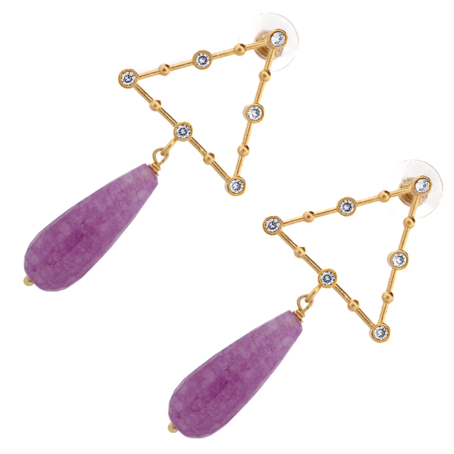 Spiritual earrings with 18K gold-plated finish, amethyst stones, and geometric elegance

