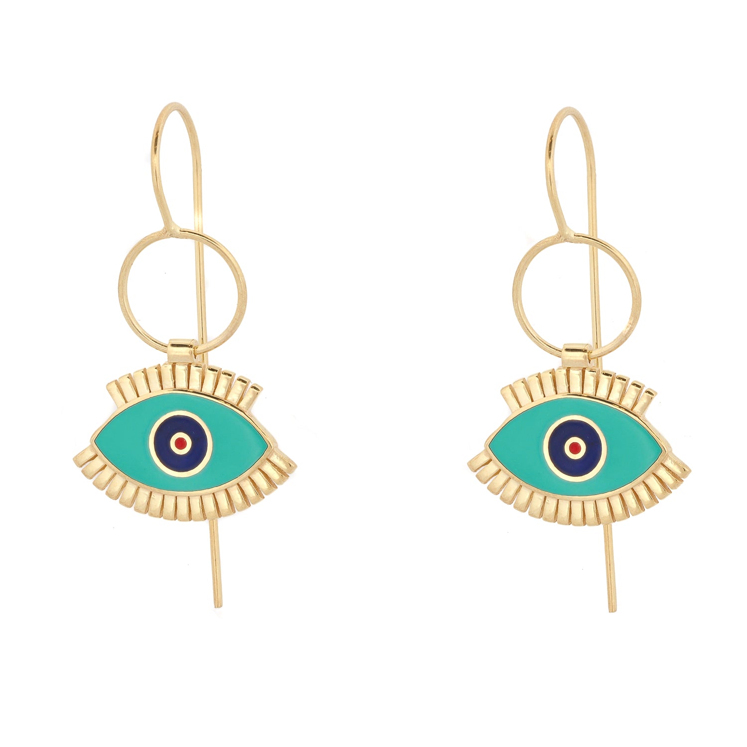 Gold-plated sterling silver turquoise enamel evil eye dangle earrings with protective spiritual design and fringe detailing.