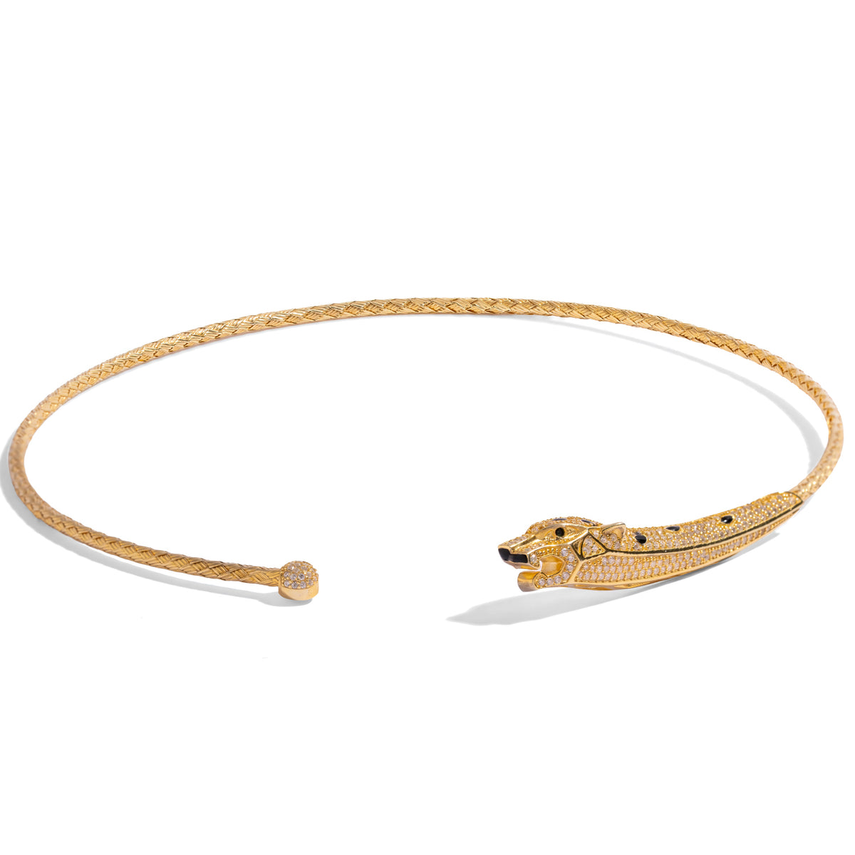 Open gold vermeil collar necklace with a panther head at one end and a pave sphere at the other