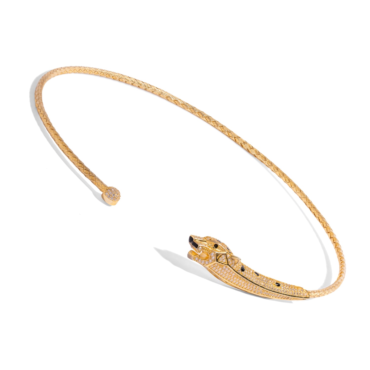 Gold woven collar necklace shown from above with its flexible open front construction