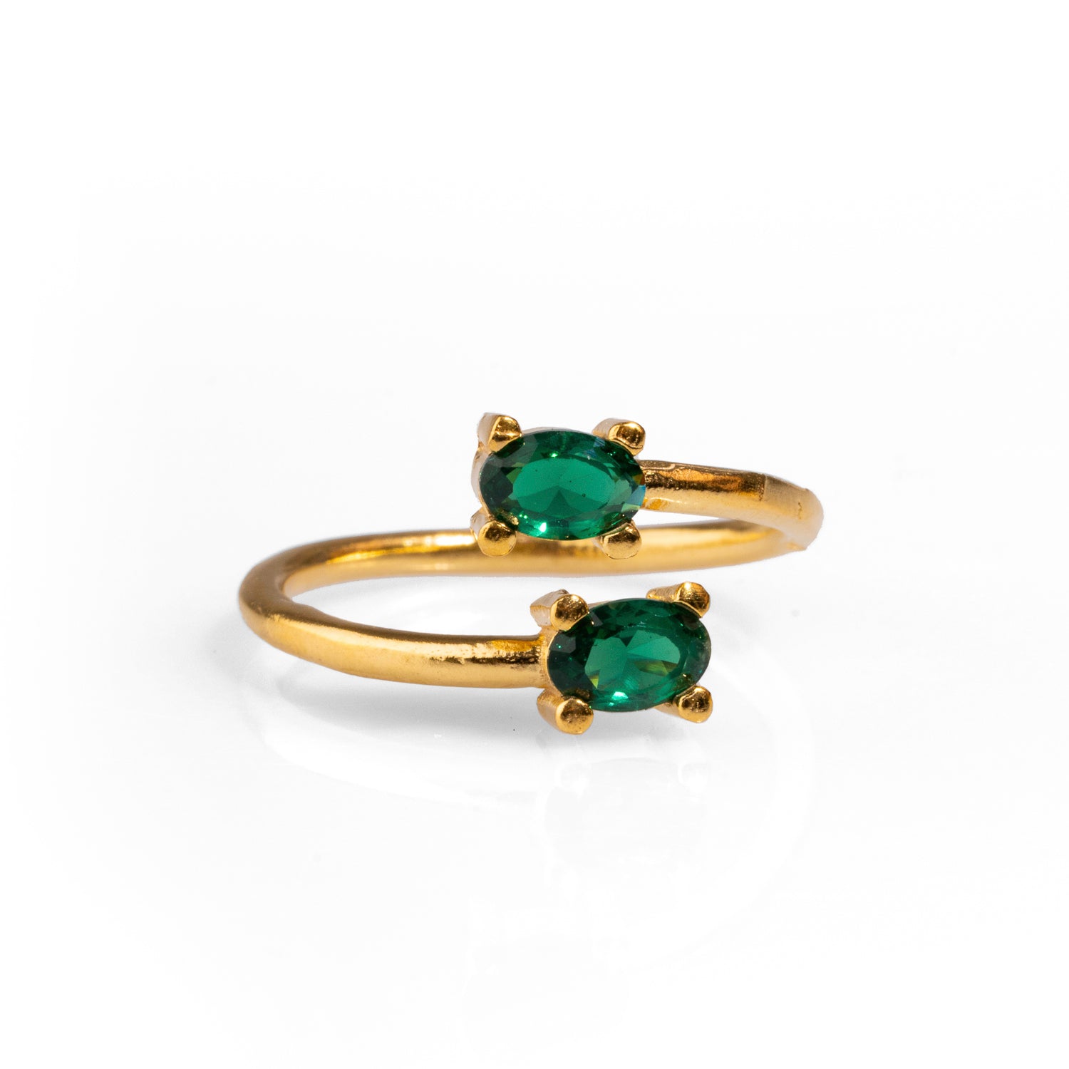 Double Emerald Stone &amp; Gold Dainty Adjustable Ring