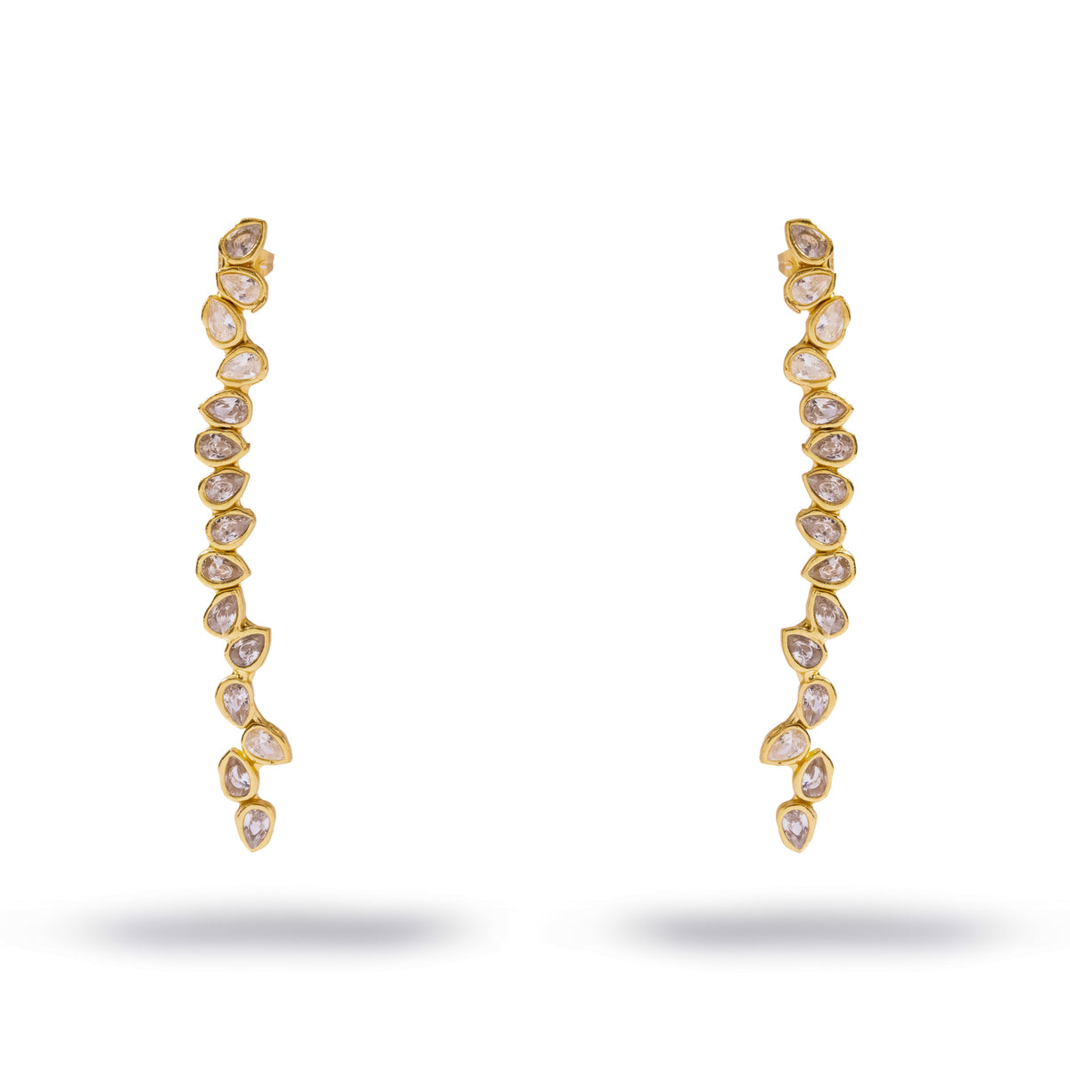Elegant Diamond Vine Long Gold Drop Earrings with bezel set pear cut white zircon stones, front view