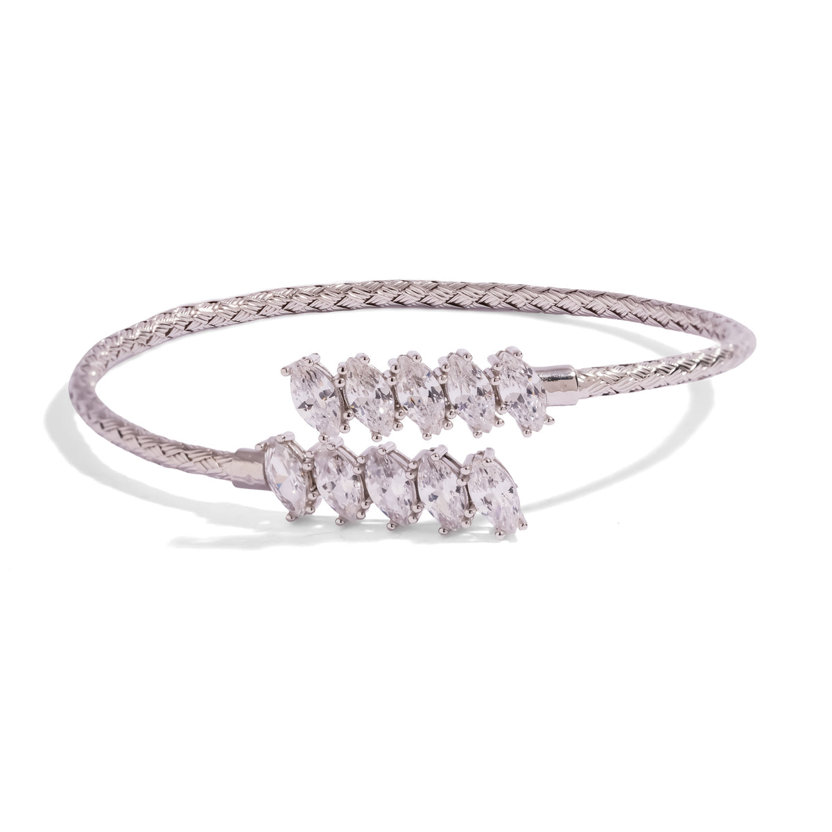Elegant Marquise Diamond Bypass Sterling Silver Cuff Bracelet with two rows of white zircon marquise stones