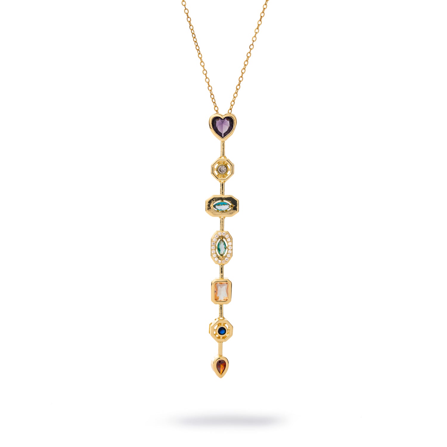 Elegant gold Y-drop statement necklace with heart-inspired top and cascading multicolor gemstones on an 18k gold-plated stainless steel chain.
​

