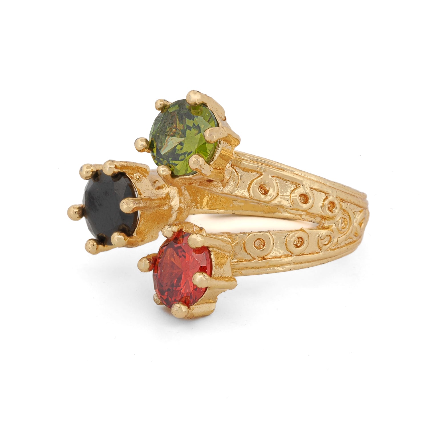 A chunky 24K gold-plated adjustable ring featuring three gemstones—onyx, carnelian, and emerald green—designed for bold style and powerful energy.