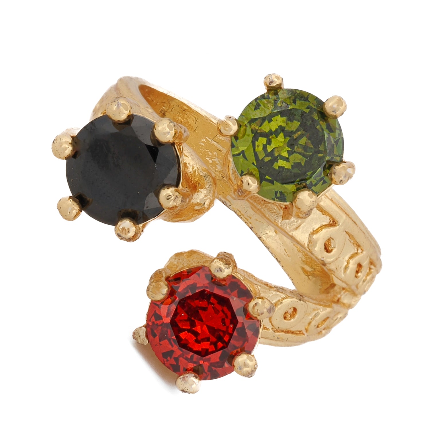 Elemental Trio Carnelian Onyx Emerald Gold Ring