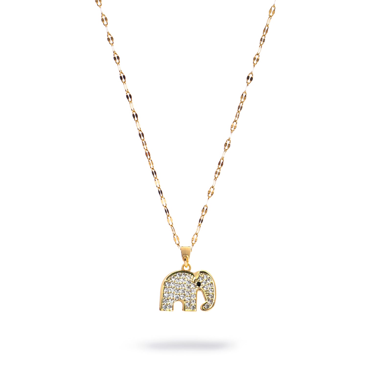 Gold elephant pendant necklace with CZ diamond accents