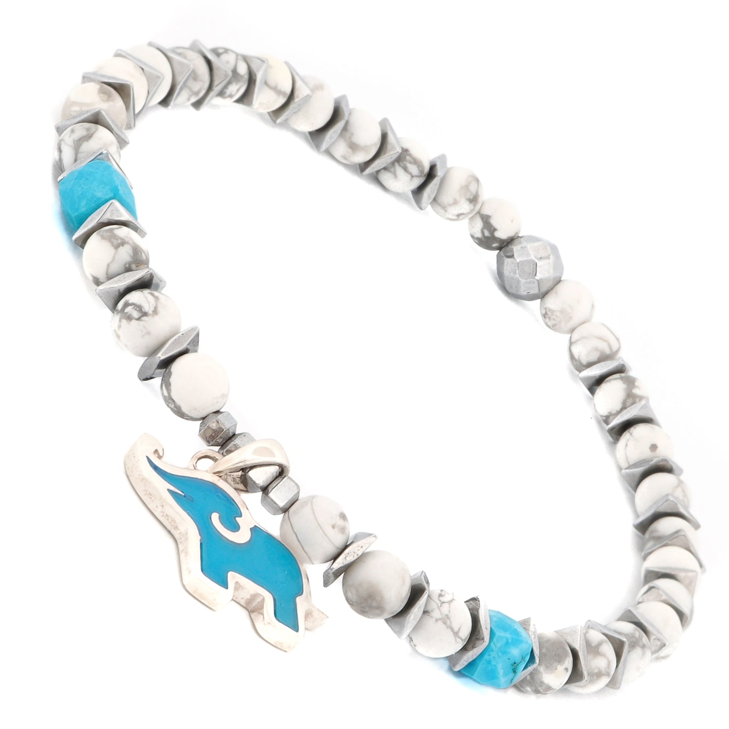 Turquoise Men Bracelet showing sterling silver elephant charm with turquoise enamel, howlite beads, and silver hematite spacers