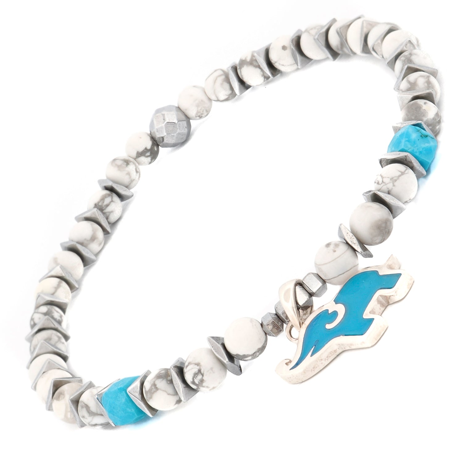Elephant Soul Turquoise Men Bracelet displaying elephant charm centered with white howlite and turquoise stone beads — handmade mens healing jewelry