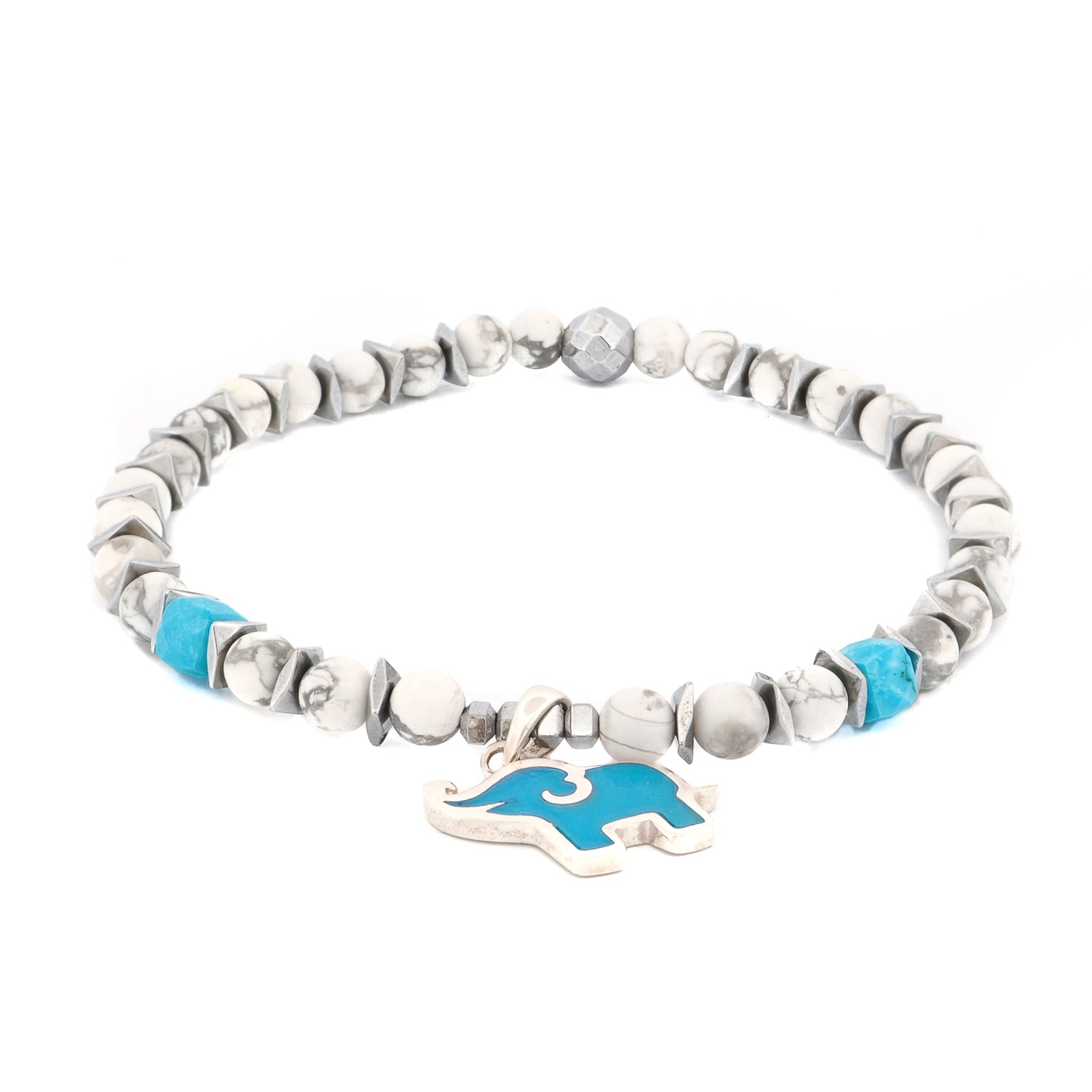 Elephant Soul Turquoise Men Bracelet with white howlite beads, turquoise stone accents, silver hematite spacers, and sterling silver turquoise enamel elephant charm on stretchy cord