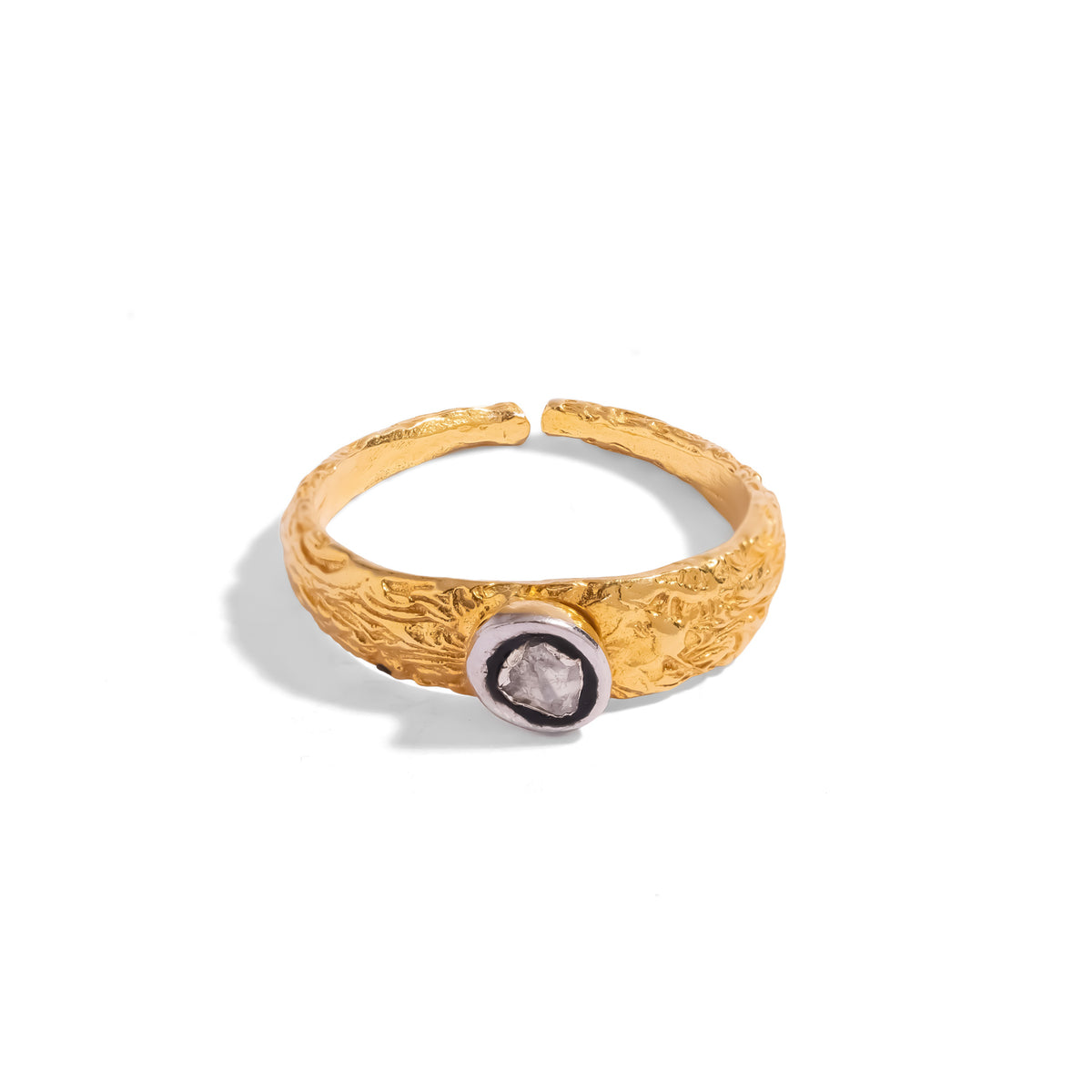 Antique Ember Rose Cut Two Tone Gold Band Ring, a hand textured gold band with a rose cut diamond in an oxidized silver bezel