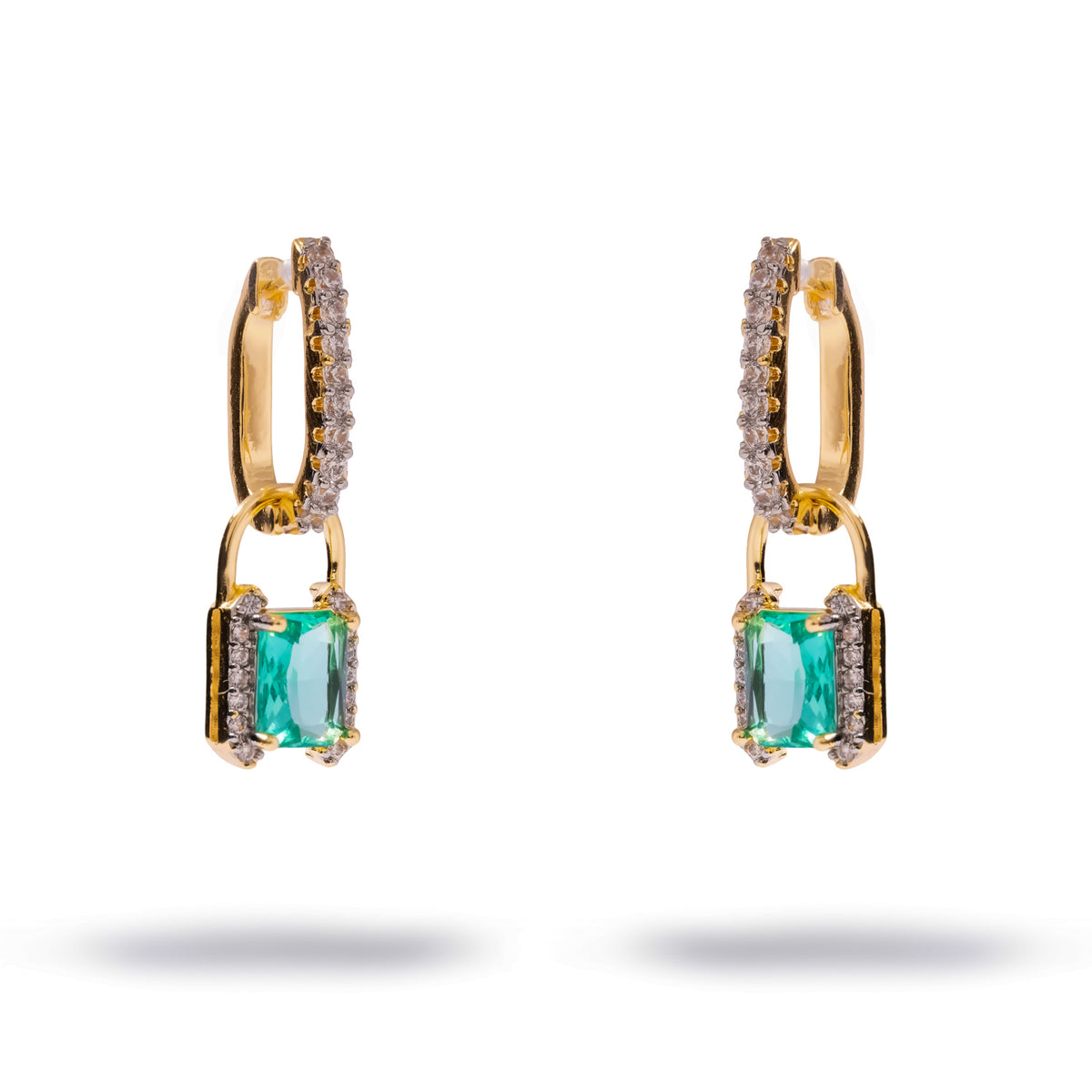 Emerald Cut Mint Green Zirconia Gold Huggies Drop Earrings, front view of the pair with padlock drops on pave huggie hoops