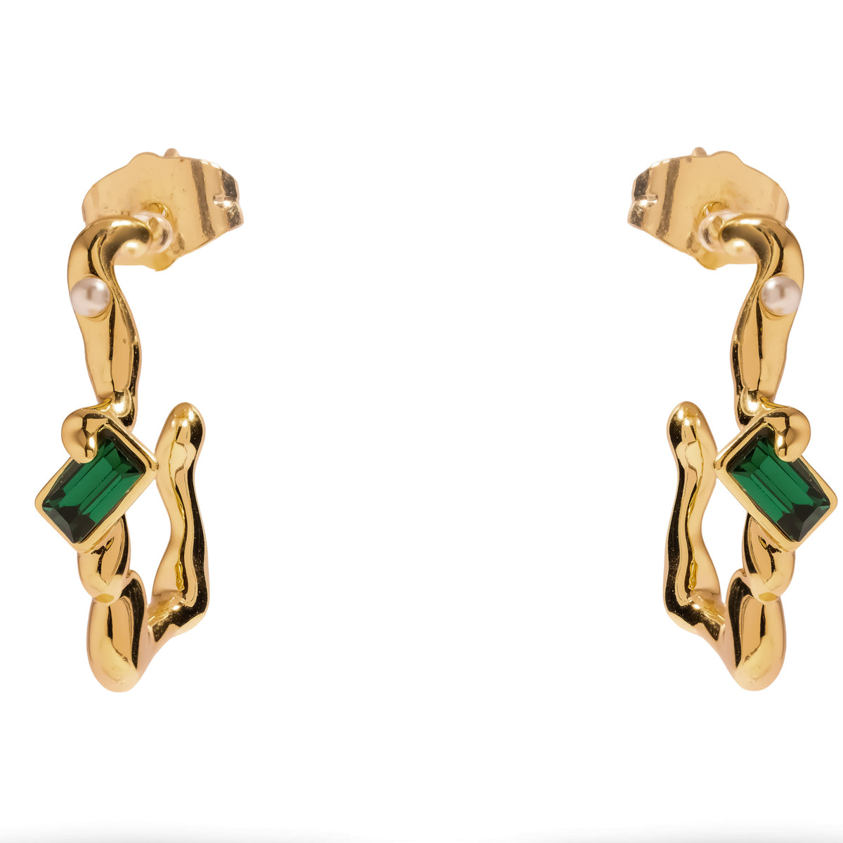 Front studio view of the Emerald Flow earrings showing the rippled gold, the green step cut stone and the small pearl near the post