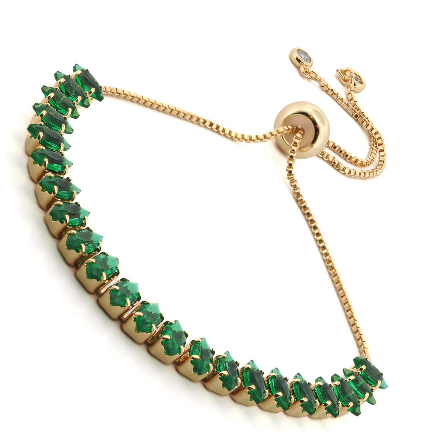 Close-up of emerald glow bracelet featuring adjustable bolo clasp and luxurious shine

